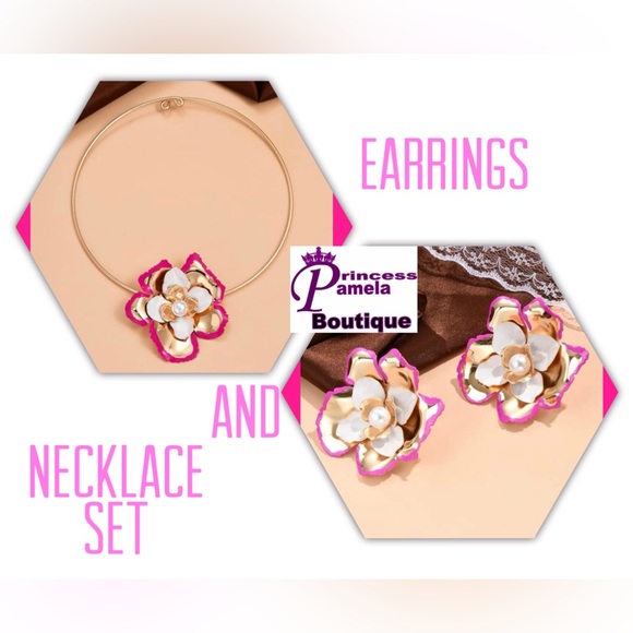 🟡Faux Pearl Flower Choker & Stud Earrings Set - Picture 10 of 11